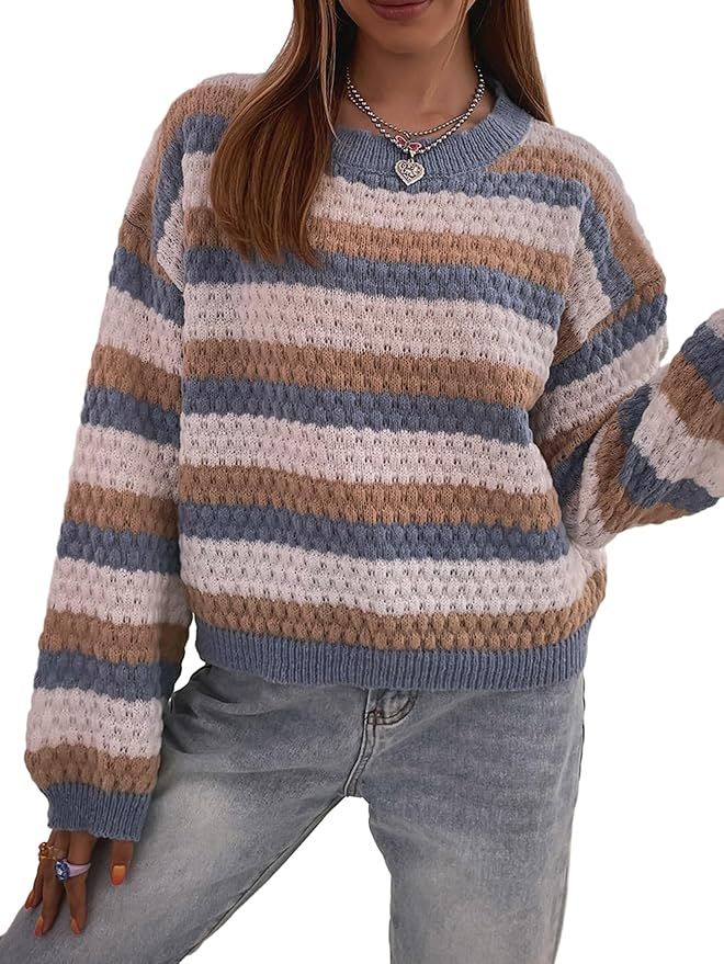 SHENHE Women's Color Block Striped Drop Shoulder Crew Neck Sweater Pullover Top | Amazon (US)