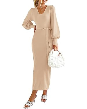 PRETTYGARDEN Women's 2024 Fall Knit Pullover Sweater Elegant Long Lantern Sleeve V Neck Maxi Dres... | Amazon (US)