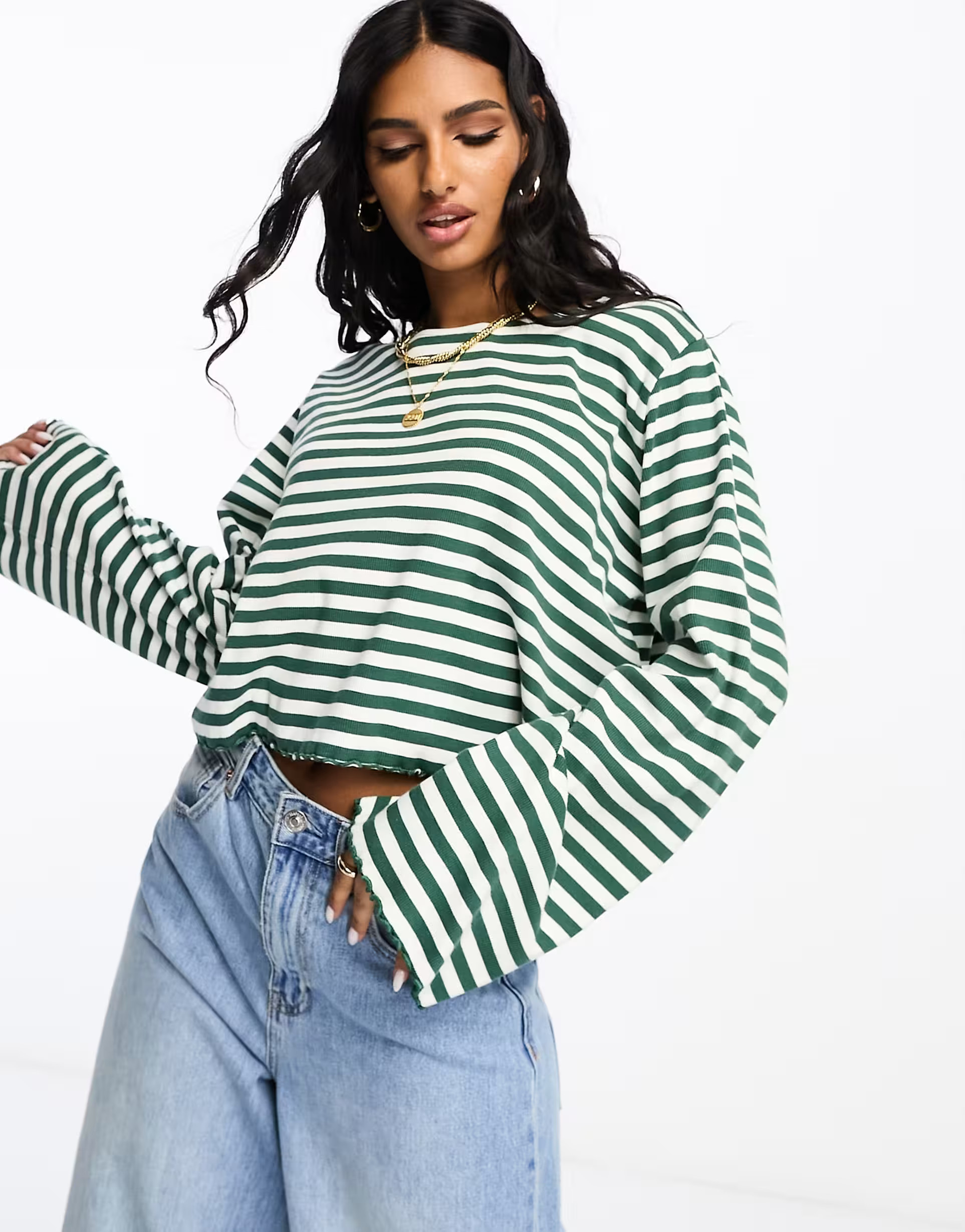 ASOS DESIGN lettuce hem long sleeve t-shirt in green stripe | ASOS (Global)