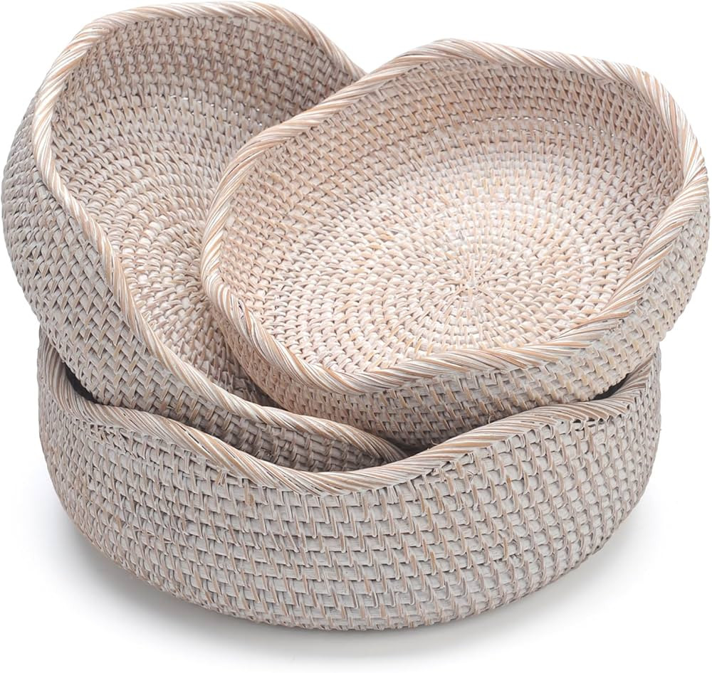 YANGQIHOME Rattan Round Fruit Baskets, Wicker Storage Bowls, Natural Woven Serving Basket Bowls, ... | Amazon (US)