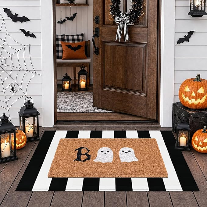 Halloween Door Mat Combo Set, Boo Ghost Coco Coir Welcome Doormat + 28" x 43" Black and White Pla... | Amazon (US)