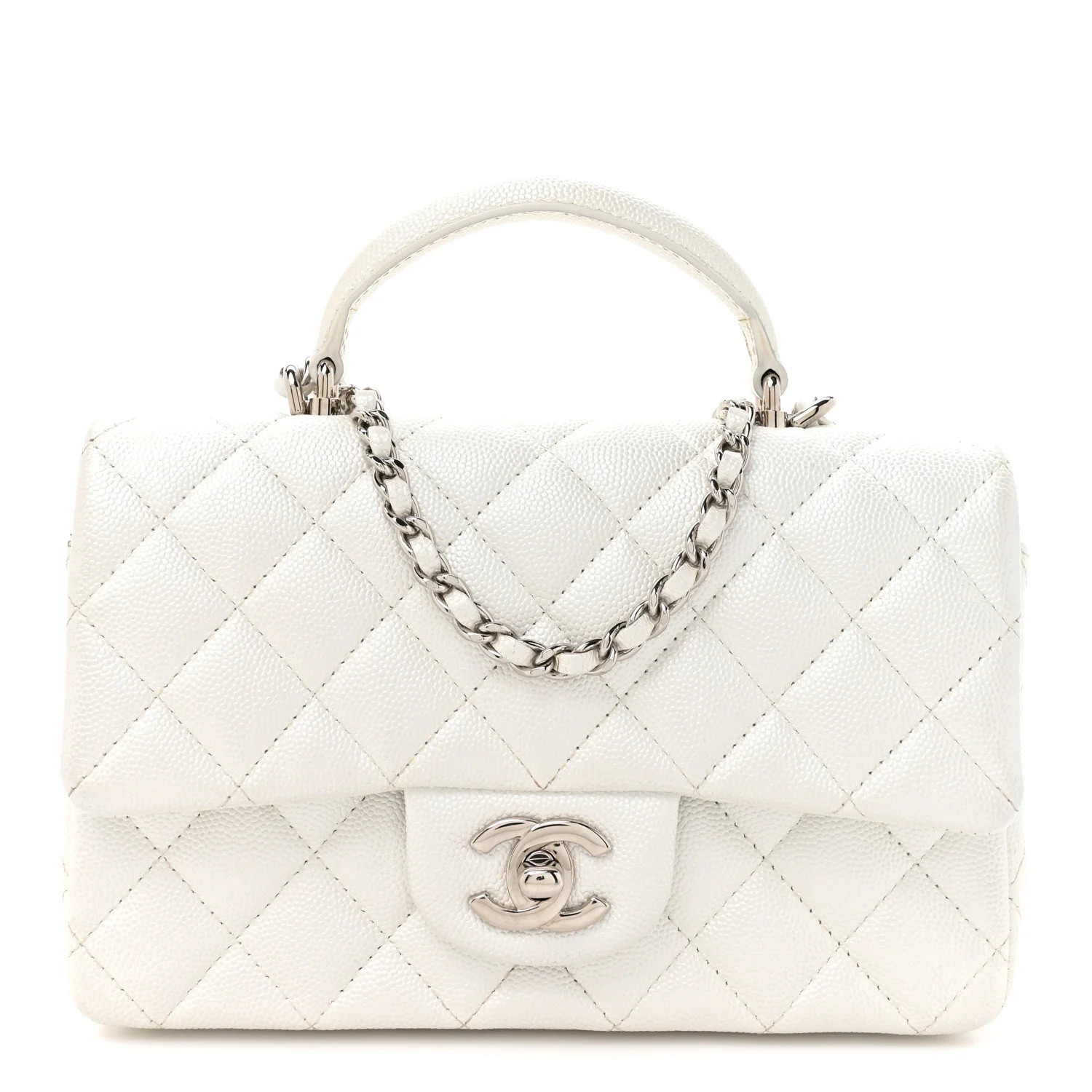 Metallic Caviar Quilted Mini Top Handle Rectangular Flap White | FASHIONPHILE (US)
