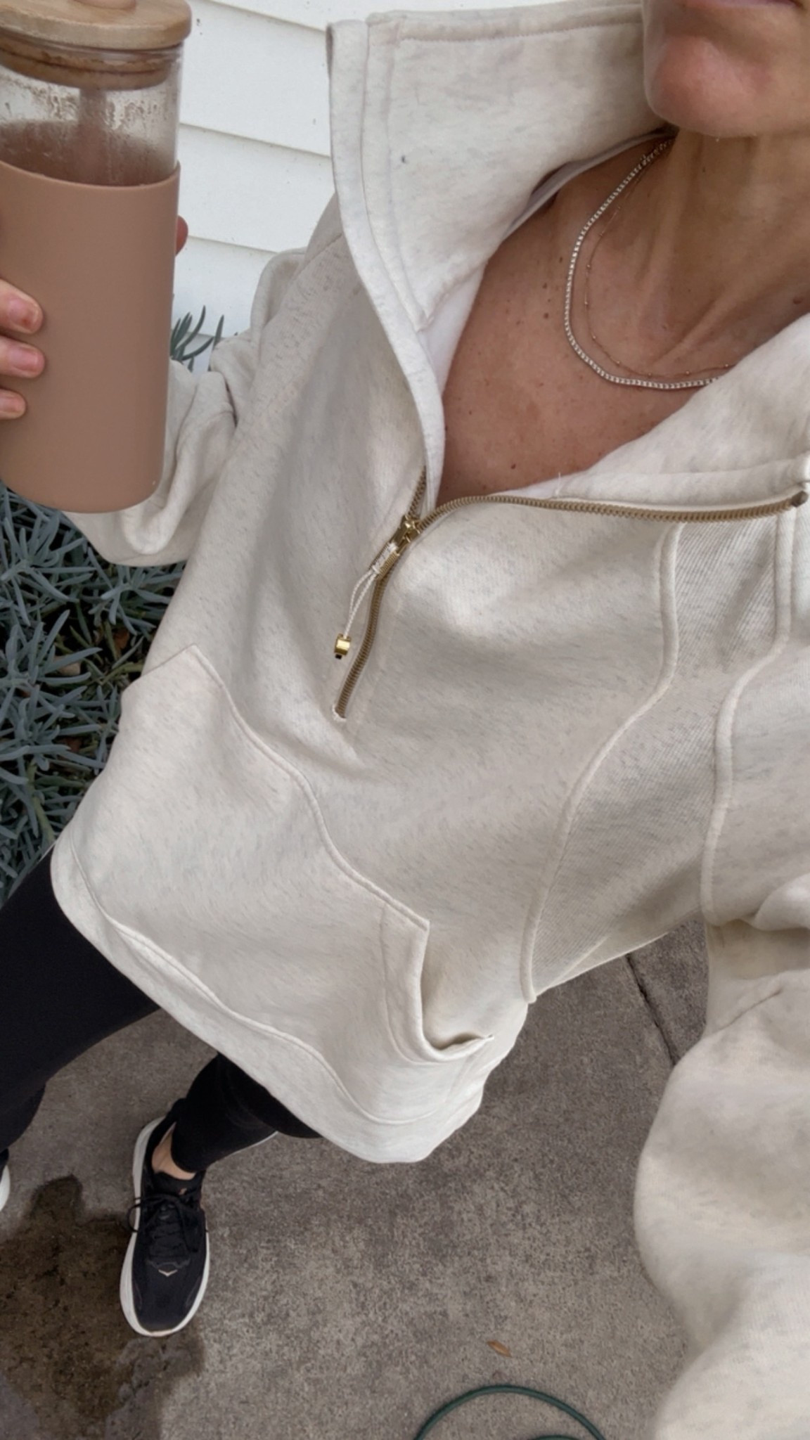 Morning workout outfit 
Cozy oversized half zip is perfect for post workout (wearing size 4 which is my regular brand size) 

#LTKOver40