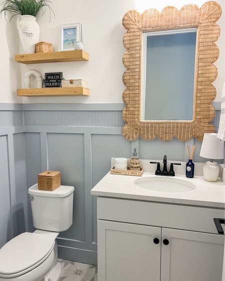 Our powder bathroom details! I’m in love with how this space turned out. Coastal style, coastal home decor, coastal vibes, scallops, rattan, bathroom design. 

#LTKstyletip #LTKhome
