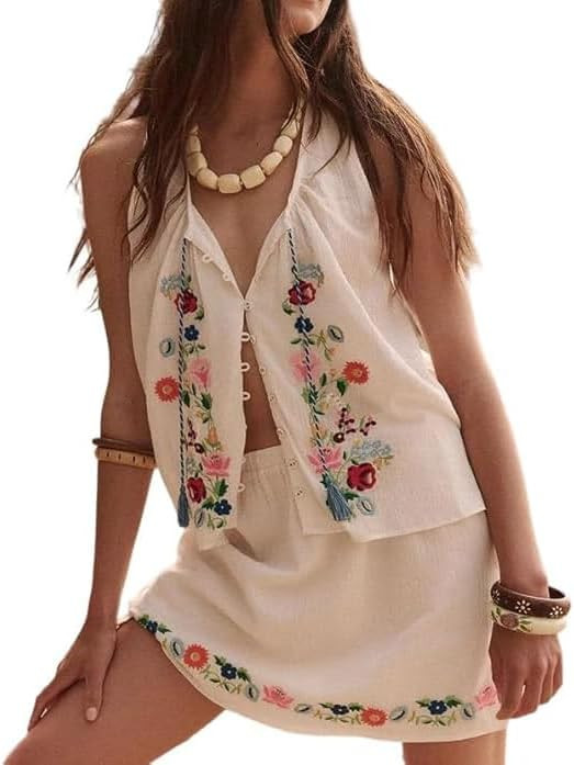 Embroidery Flower Tank Tops for Women Y2K Sleeveless Square Neck Tie Up Cropped Vest Summer Chic ... | Amazon (US)