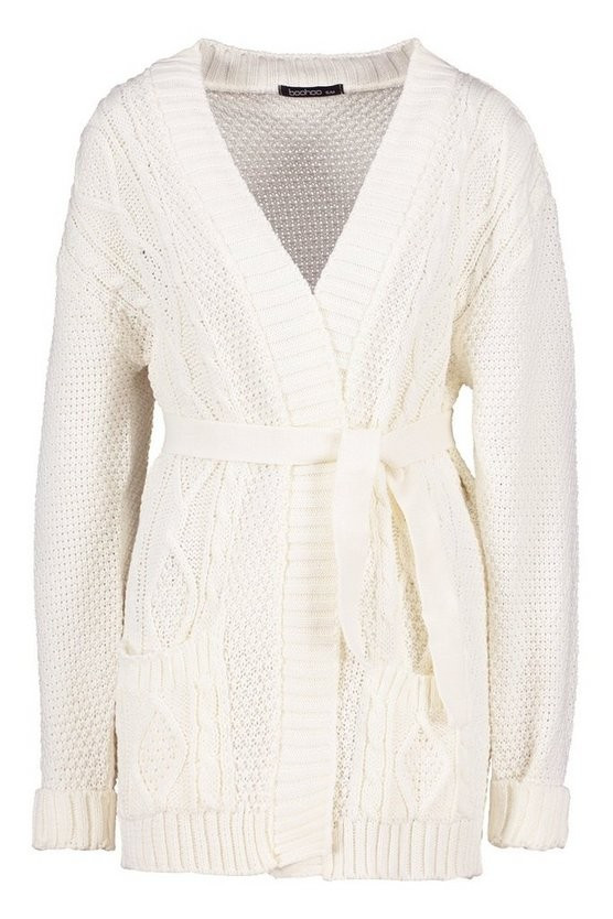 Cable Boyfriend Belted Cardigan | Boohoo.com (UK & IE)