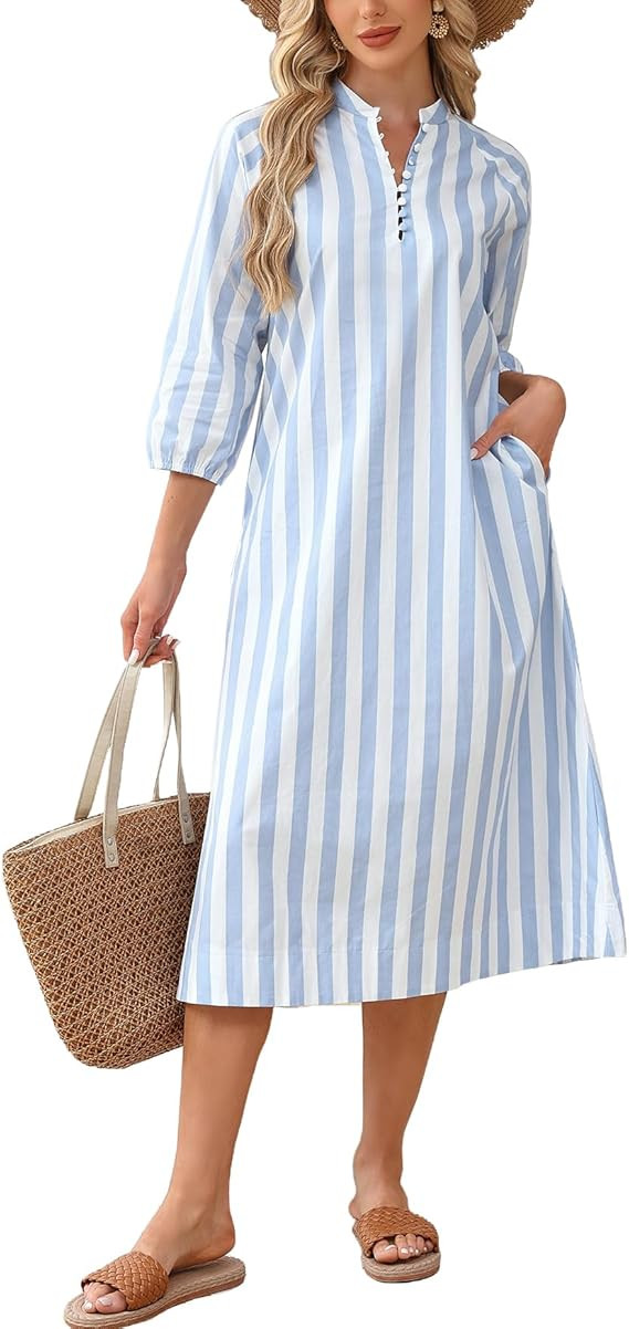 YEXPINE Women Summer Striped Button Down Long Maxi Dress Loose Fit 3/4 Sleeve Cotton Caftan Shirt... | Amazon (US)