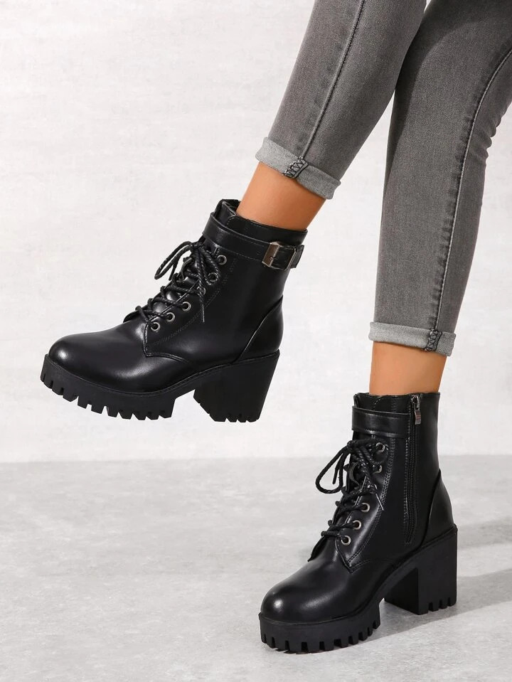 Punk Style Boots With Buckle Decoration, Side Zipper & Lace Up Design | SHEIN