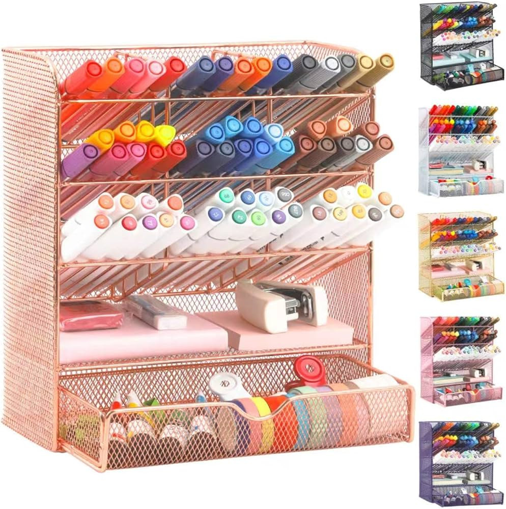 EASEPRES Metal Pen Organizer for Desk, Mesh Multi-Functional Art Supply Pencil Holder with 10 Compartments and 1 Drawer Organization Storage Accessories for Office Home School Workspace, Rose Gold | Amazon (US)