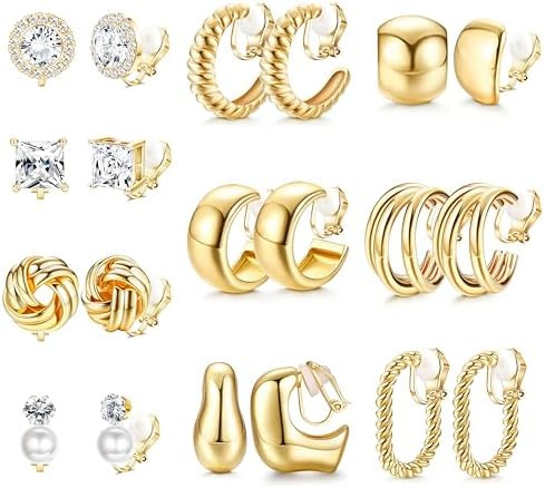 FIBO STEEL 10 Pairs Clip On Earrings for Women Non Pierced Ears CZ Pearl Knot Twist Chunky Hoop a... | Amazon (US)