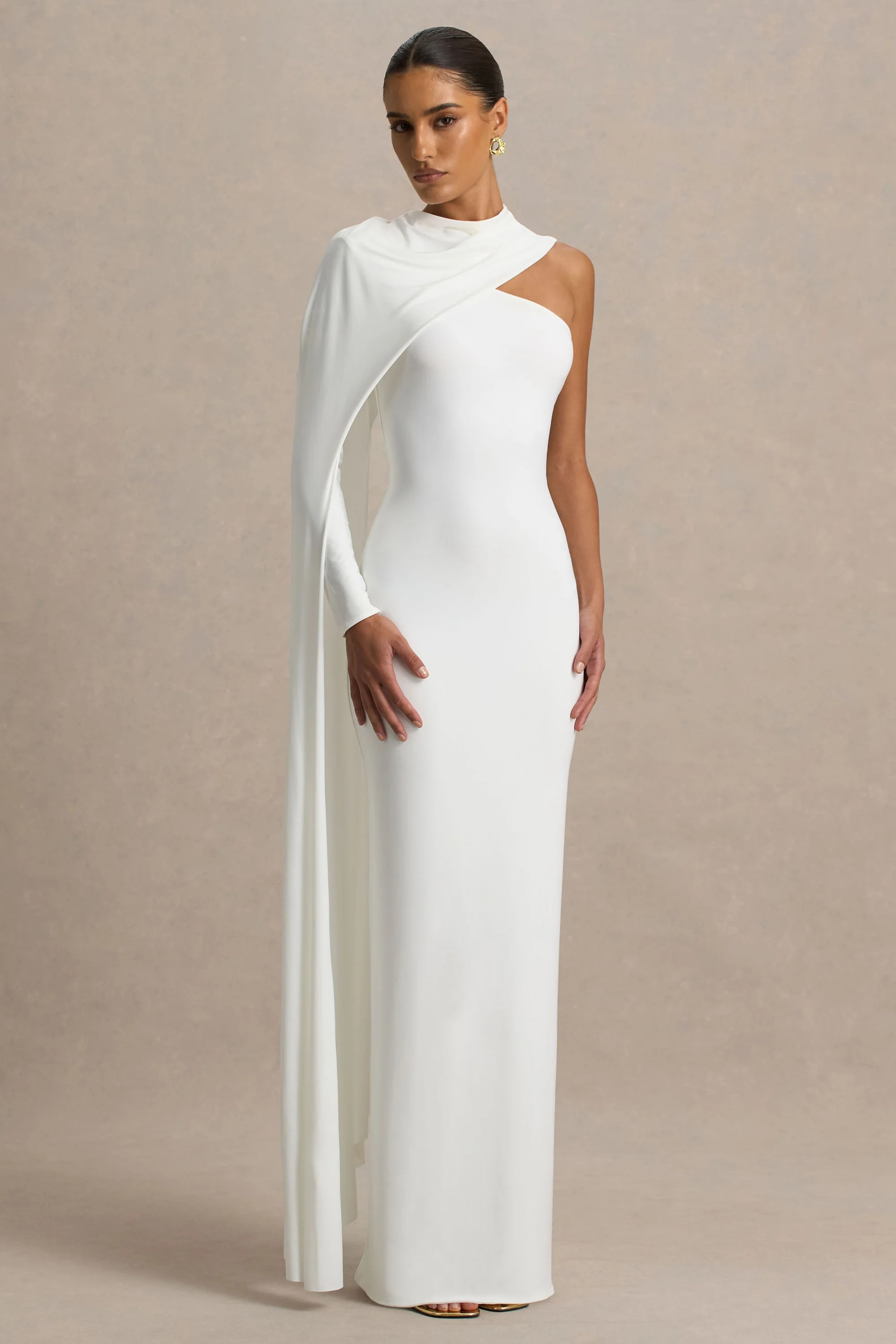 Dawn  Cream High-Neck Maxi Dress With One Long Cape-Sleeve | Club L London