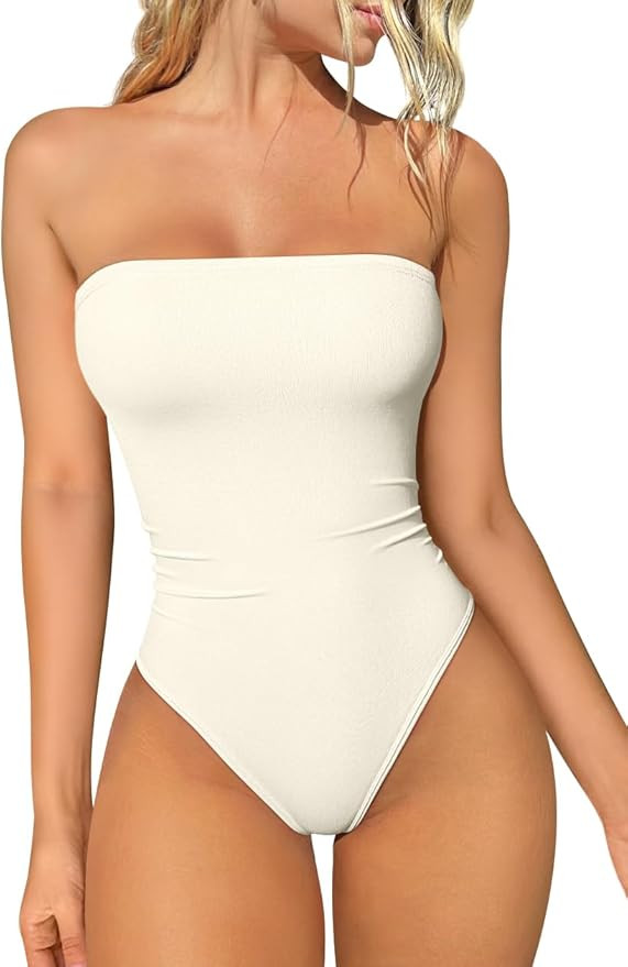 OQQ Womens Tube Bodysuits Strapless Basic Sleeveless Ruched Stretch Classic-Fit Tops Sexy Bodysui... | Amazon (US)