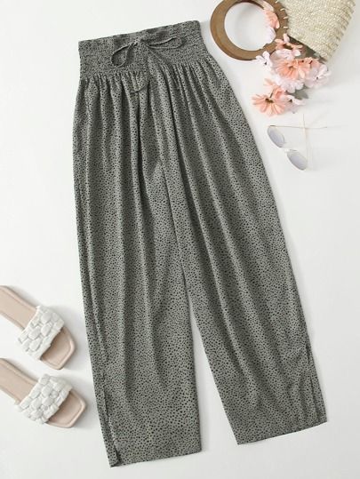 Plus All Over Print Knot Front Shirred Pants | SHEIN