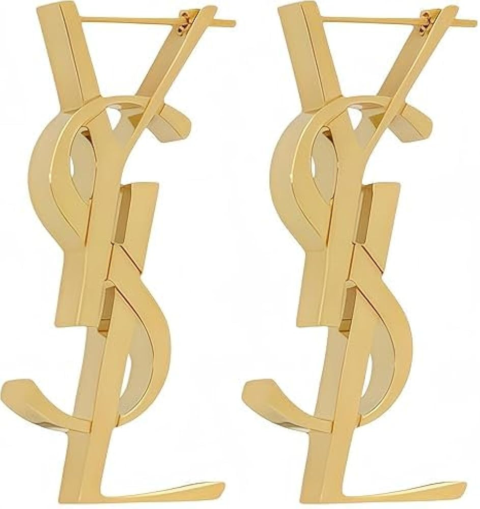 18K Gold Large Women's Swing Earrings, With Luxurious Letter Design And Rectangular Three-Dimensi... | Amazon (US)