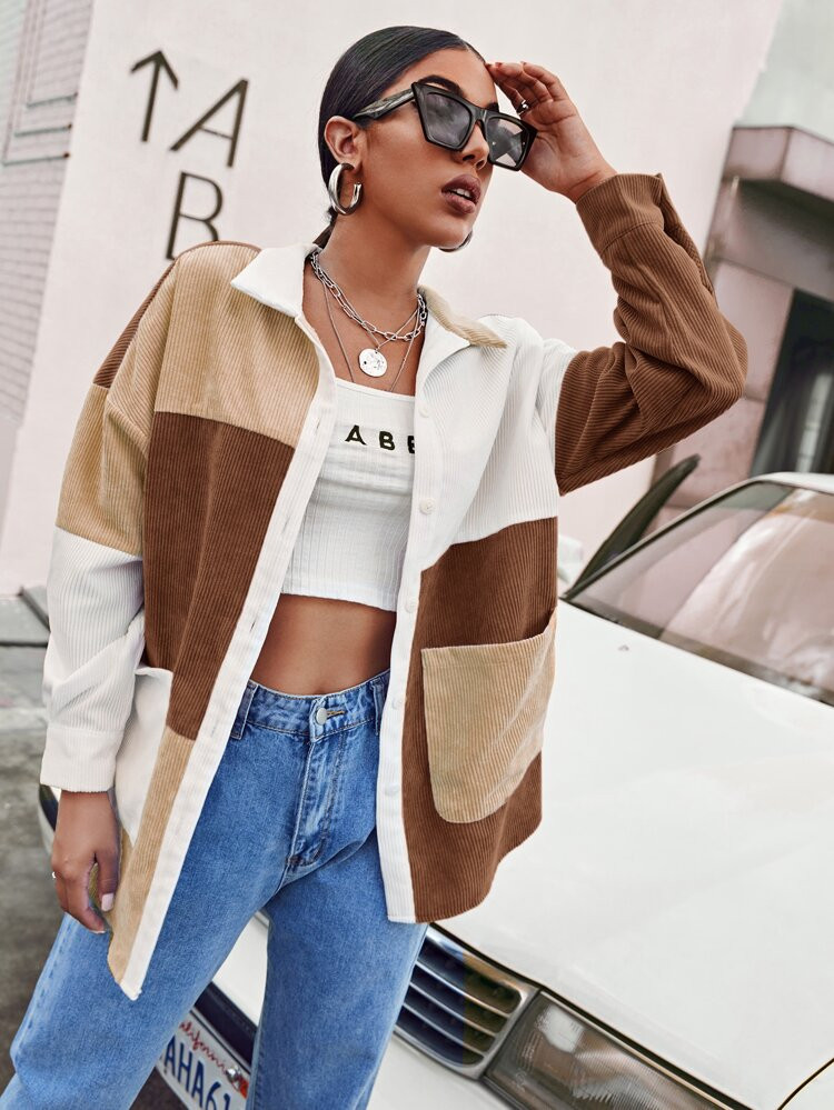 SHEIN Pocket Front Colorblock Cord Shirt | SHEIN