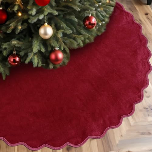 RoundFunny Burgundy Christmas Tree Skirt 48 Inches Neutral Velvet Christmas Tree Skirts Modern Scalloped Edge Xmas Decorations Minimalist Mat for Home Indoor Outdoor Holiday Party Decor | Amazon (US)