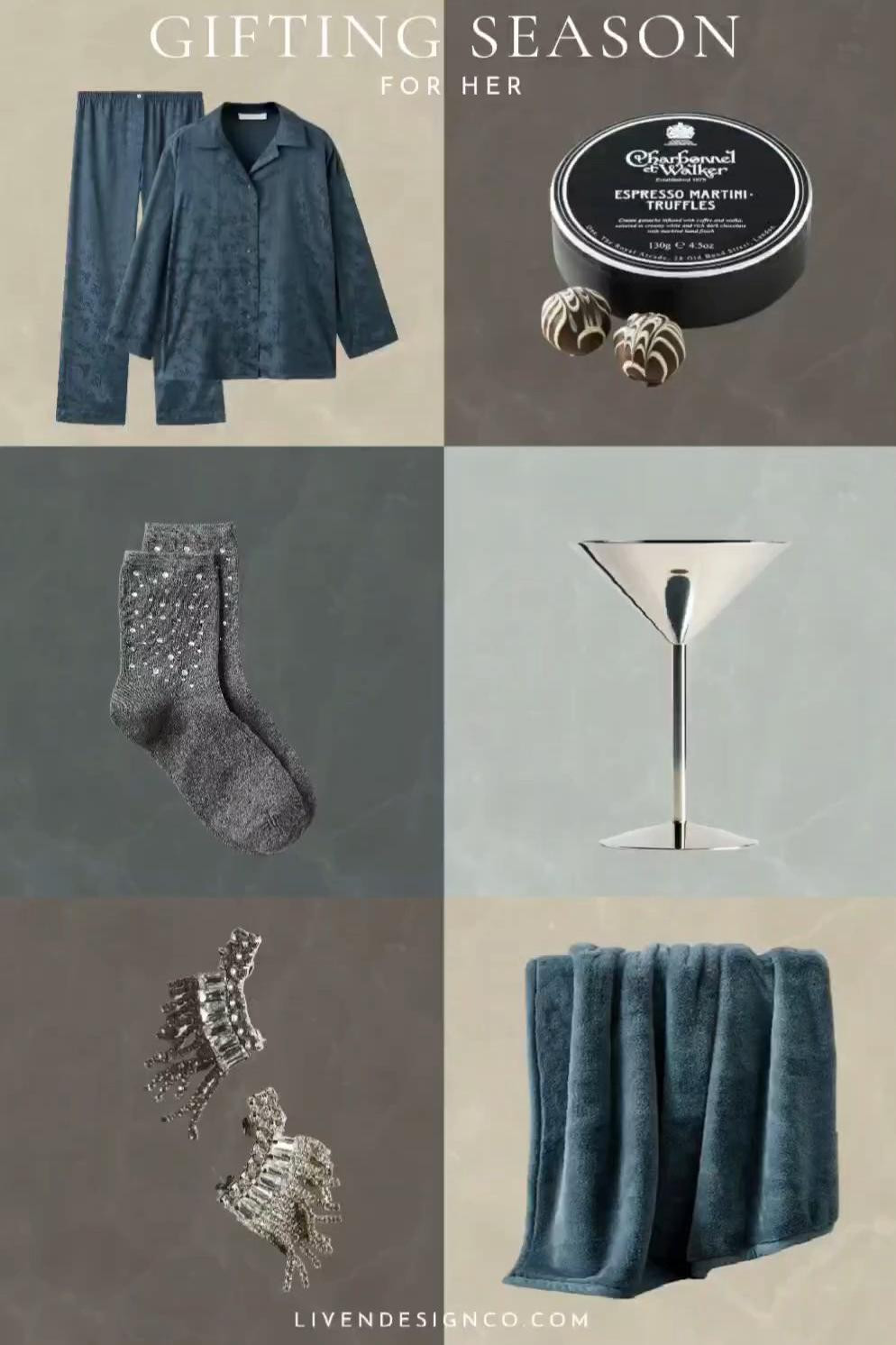 Gift guide for her. Gift ideas. Faux fur throw. Plush blanket. Silk pajamas. Satin pajamas. Chocolate gift. Silver martini glasses. Bedazzled socks. Statement earrings. Under $75. Under $50. 

#LTKGiftGuide #LTKHoliday #LTKFindsUnder100