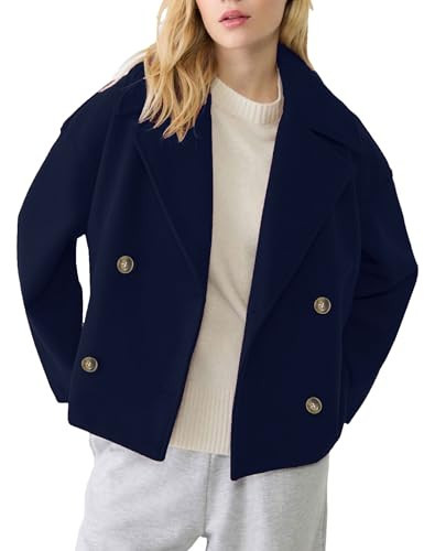 Korebow Womens Cropped Pea Coat Long Sleeve Notched Lapel Trench Overcoat Casual Double Breasted Jackets with Pockets(0398-Navy-M) | Amazon (US)