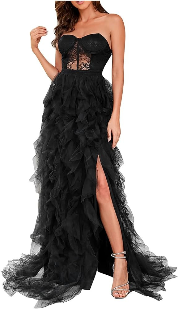 Mifsaly Women's Off Shoulder High Split Long Formal Party Dress Evening Gown Tulle Dress with Lac... | Amazon (US)