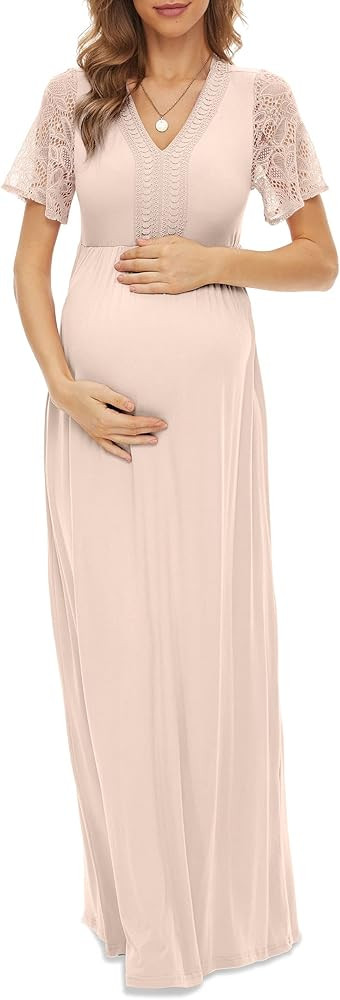 Y Lace Neckline Maternity Dress Lace Short Sleeve Maternity Maxi Dress for Baby Shower Maternity ... | Amazon (US)
