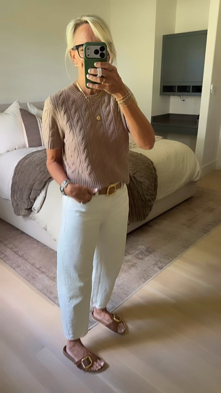 New arrival from @Quince 
This short sleeve cashmere cable net sweater!
I sized up to a medium for a looser fit and Lovett! The sweater is $60, for cashmere that is unheard of! ￼￼

Denim - size down 1 size 
@Madewell

#LTKdayinmylife #LTKOver40 #LTKSeasonal