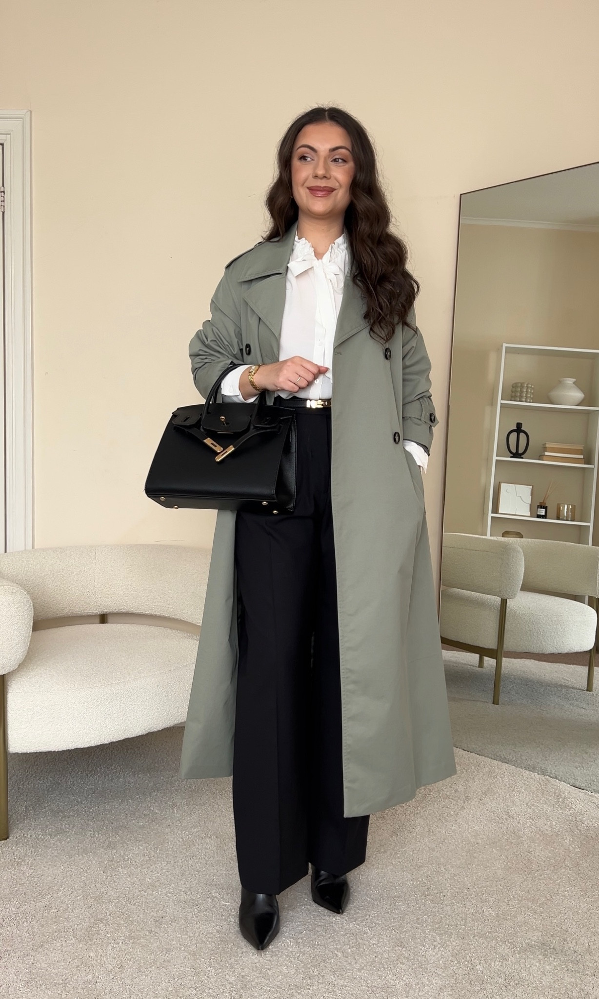 Styling a light green trench coat for Spring. Workwear outfit with tailored trousers and a light green trench coat.
Blouse is from Mango, wearing size S. Trench coat is from Mango, wearing size S. Trousers are from &OtherStories, wearing size UK8. 

#LTKstyletip #LTKworkwear #LTKeurope
