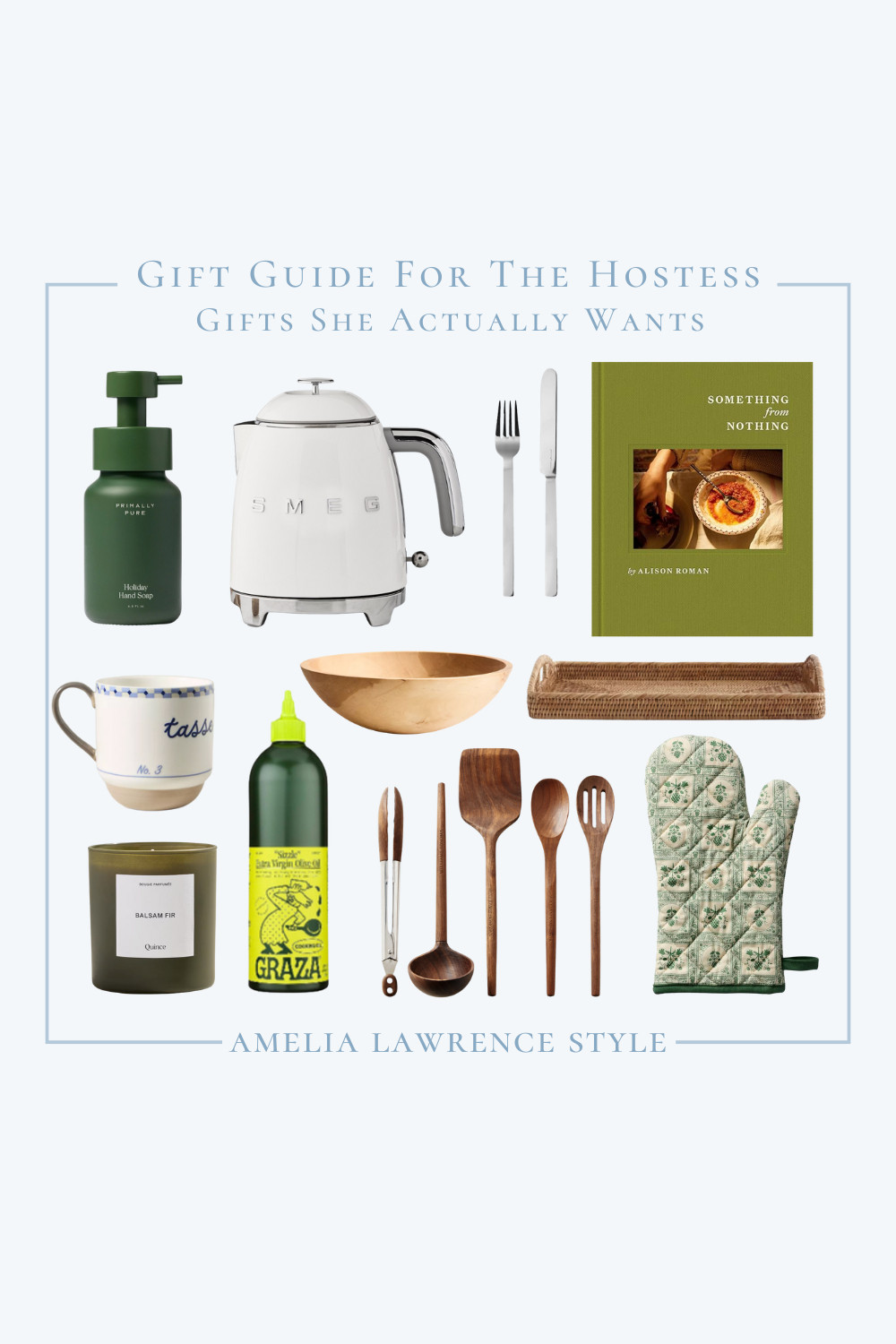 Gift guide for the hostess. Gifts that she actually wants. Serving utensils, wooden bowl, tray, candle, winter candle, Christmas candle, mug, olive oil, Graza, silverware, flatware, SMEG, tea kettle, serving tray, gift guide, Christmas gifts.  

 #LTKGiftGuide #LTKHoliday #LTKSeasonal