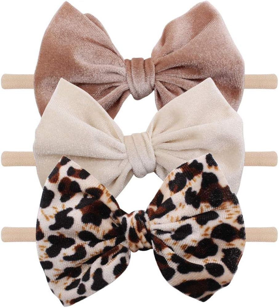 YanJie Baby Velvet Bow Headbands - 3 Pack Cotton Nylon Headband Baby Photography Hair Bow | Amazon (US)