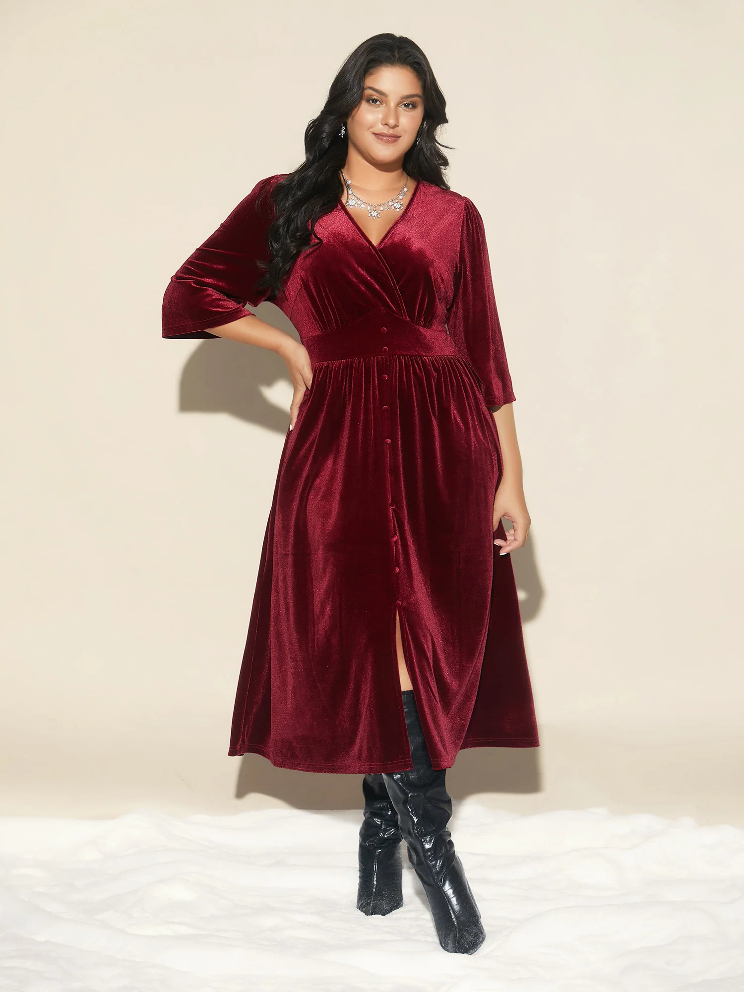 Velvet Ruched Surplice Neckline Midi Dress | Bloomchic