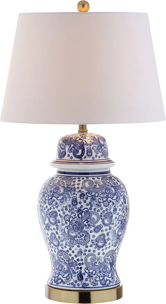 JONATHAN Y 29.5" Blue/White Ceramic Table Lamp for Living Room and Office, White Linen Drum Shade... | Amazon (US)