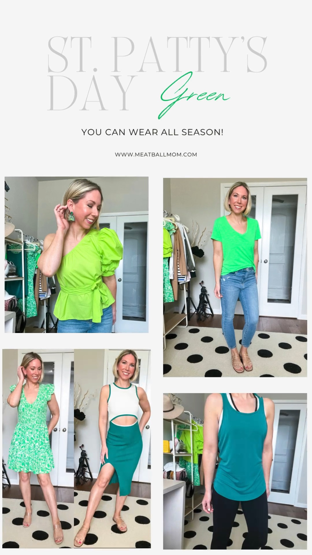 ST. PATRICK’S DAY OUTFITS 

Some green for St. Patty’s Day that you can wear all Season! 

Outfit Details:

Cutout midi ribbed bodycon dress with clear slide sandals. Dress is true to size (wearing size small) and comes in lots of colors as well. 

Green ruffle smocked dress paired with strappy heels. Dress runs true to size (wearing size small) and also comes in pink and white. 

Short sleeve v-neck t-shirt, jeans and sandals. Tee comes in lots of colors but love this vibrant green color.  I sized up one to a Medium for looser fit. Would pair great with shorts for summer. 

Lime green puff sleeve one shoulder blouse paired with St. Patty’s Day earrings, jeans and mules.  Top also available in dark green and other colors - is true to size (wearing size small). 
Earrings are light weight and come in a pack of 4. Top would look great on vacation or in the Summer with shorts, capris or for a date night!

Green workout top with leggings. Top comes in lots of colors including lighter green; runs true to size (wearing small).






St Patrick’s day outfit , st patty’s day outfit , green outfit , #ltkfit #ltkunder50 #ltkshoecrush , amazon fashion , amazon finds , target style , target finds , sandals , #ktktravel

#LTKSeasonal #LTKunder50 #LTKsalealert