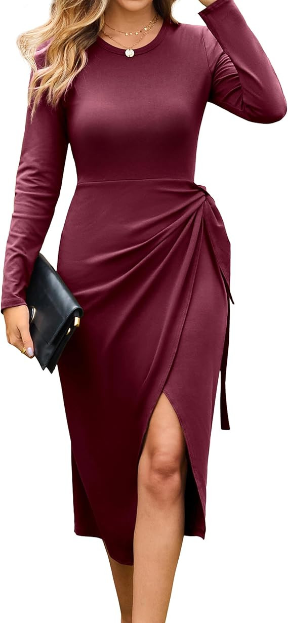 GRACE KARIN Women's Elegant Bodycon Dress Round Neck Warm Cocktail Long Sleeve Wrap Business Part... | Amazon (UK)