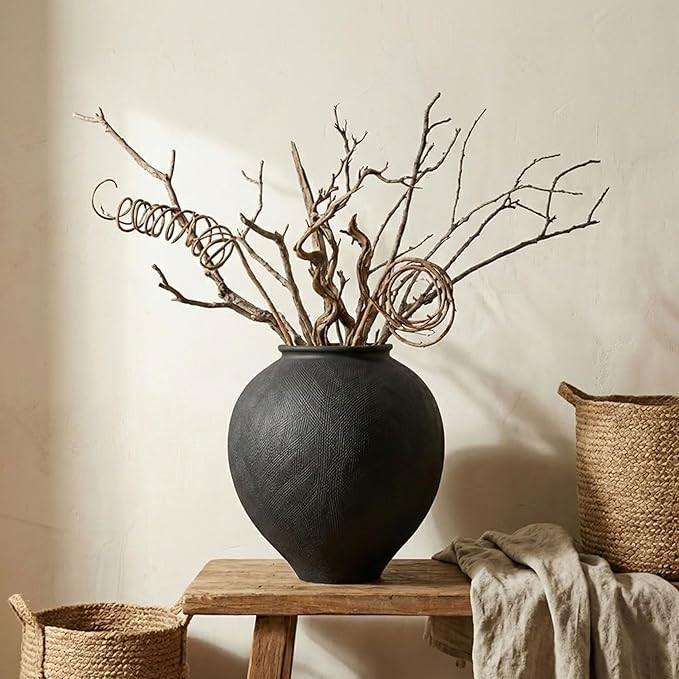 Large Blak Ceramic Vase - 11.8 Inch Large Black Round Vase, Rustic Farmhouse Vase for Home Decor,... | Amazon (US)