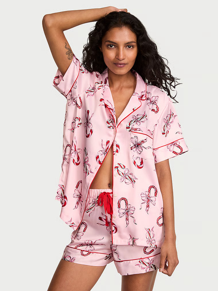 Buy Glazed Satin Short Pajama Set, Angel Pink Large Dot Jacquard W Pocket Graphic - Order Pajamas... | Victoria's Secret (US / CA )
