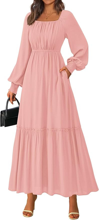 KIRUNDO Casual Fall Dresses for Women 2025 Flowy Long Sleeve Maxi Dress Smocked Empire Waist Squa... | Amazon (US)