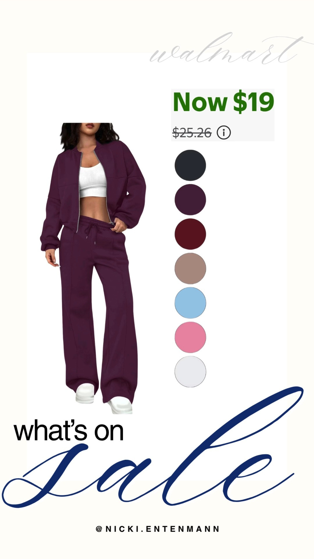 Score an incredible deal on this cozy Walmart two-piece tracksuit set, marked down to just $19! The set features a zip-up jacket paired with matching wide-leg drawstring pants, available in a variety of colors including deep plum, navy, wine, tan, light blue, pink, and white. It is the ultimate budget-friendly lounge set for effortless autumn athleisure and comfortable everyday wear.

#walmart #walmartfinds #whatsonsale #athleisure #loungewear #fallfashion #preppycasual #everydaystyle 

 #LTKfitnessgoals #LTKActive #LTKSaleAlert