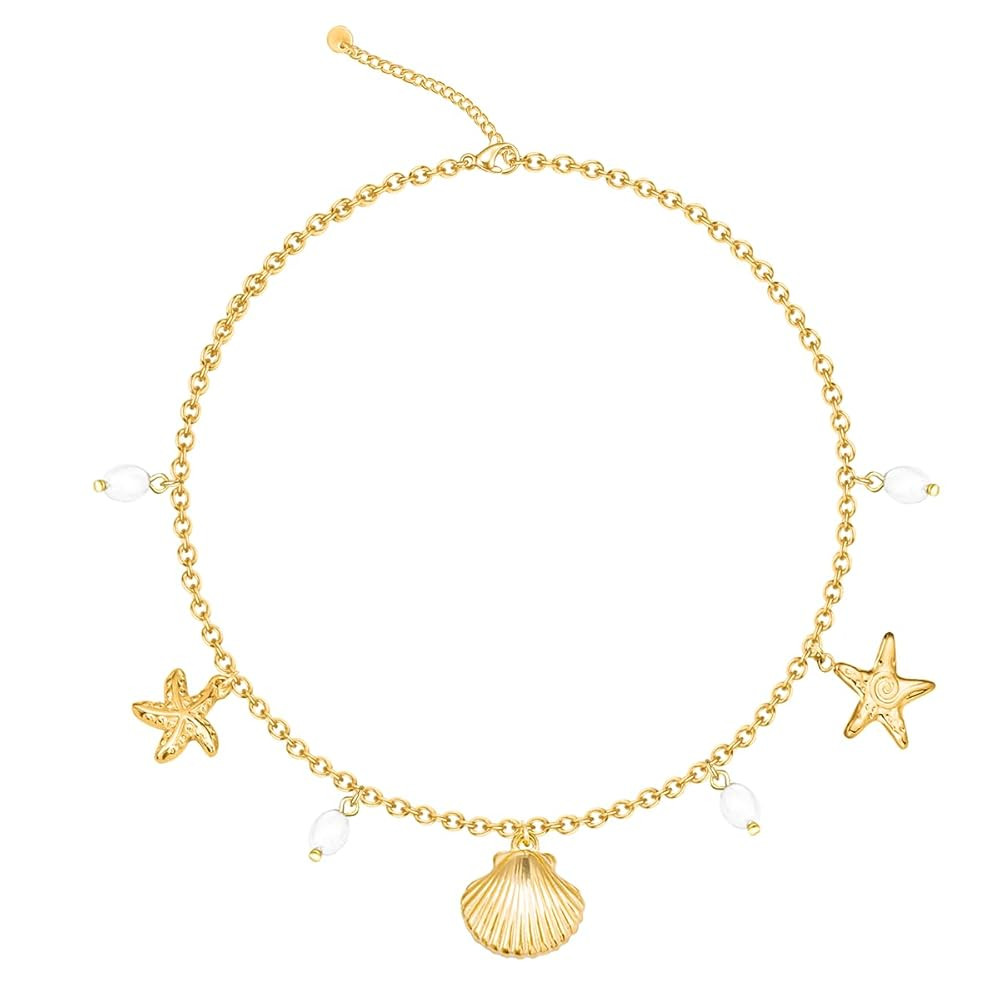 Shell Necklace For Women 14k Gold Plated Beach Charm Necklace Starfish SeaShell Pearl Pendant Sta... | Amazon (US)
