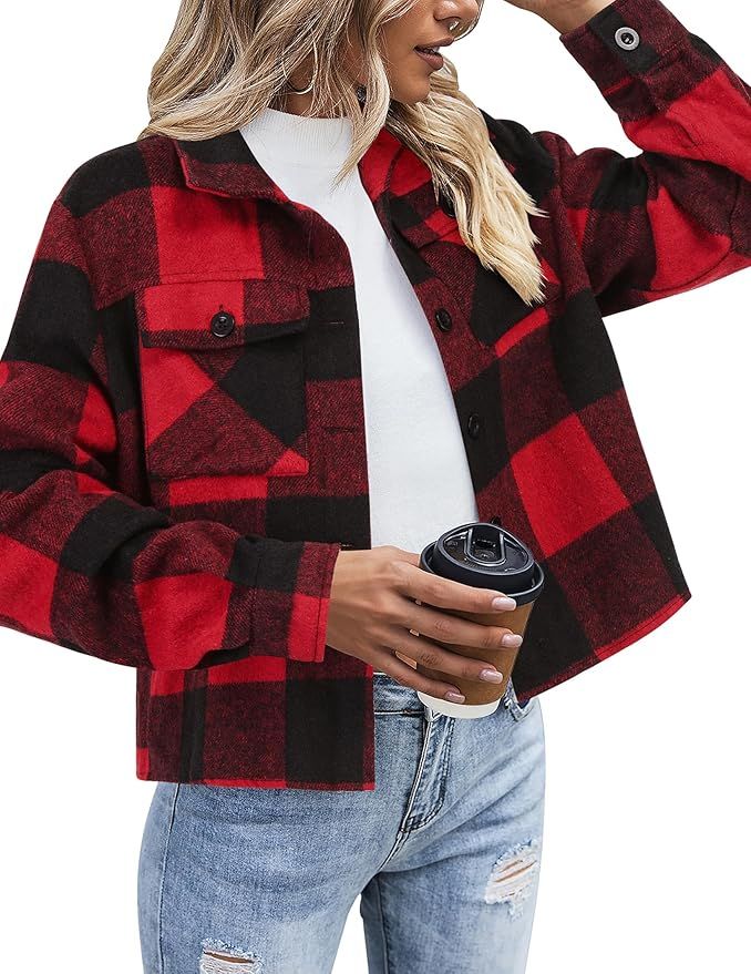 Zeagoo Flannels for Women Cropped Shacket Jacket Fashion Plaid Button Down Shirt 2024 Fall Coat T... | Amazon (US)