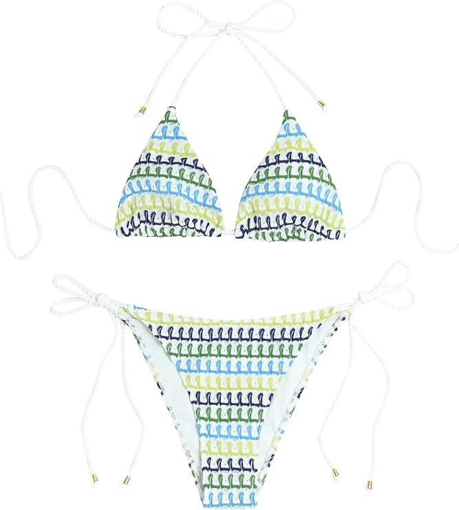 ZAFUL 2 Piece Triangle Bikini for Women Knitted Rope Halter Bikini Sets Sexy Bathing Suit Side Ti... | Amazon (US)