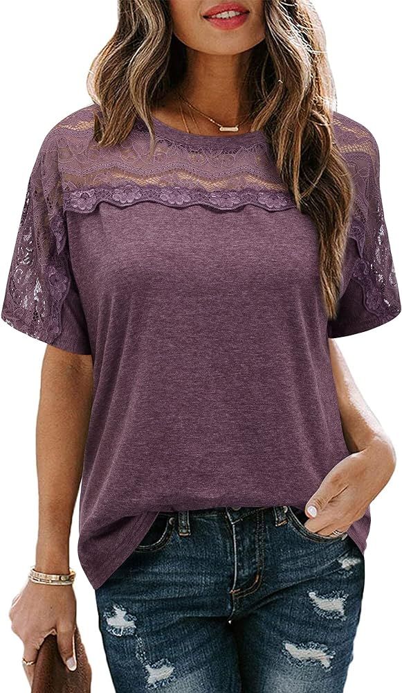 LAISHEN Women's Short Sleeve Crewneck T Shirt Loose Fit Lace Stitching Shirts Solid Hollow Out Ru... | Amazon (US)