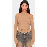 Taupe Fine Knit Asymmetric Top, Brown | PrettyLittleThing UK