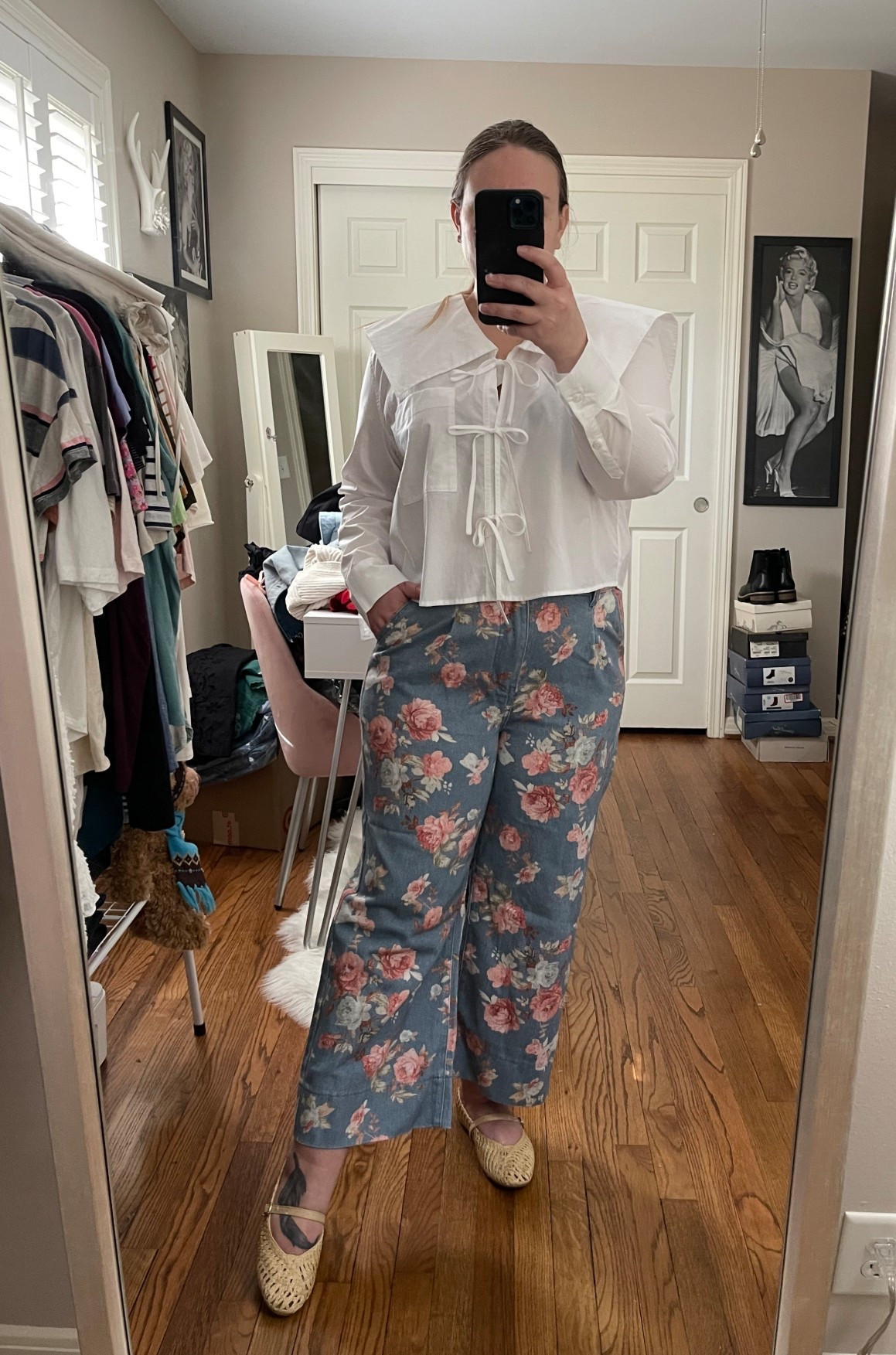 Floral jeans from Amazon, Amazon jeans, spring outfit, spring style, white top, Peter Pan collared top, target top, tie front top, Mary Jane flats, straw flats, rattan flats, ankle jeans, petite friendly jeans

#LTKootd #LTKMidsize #LTKPetite