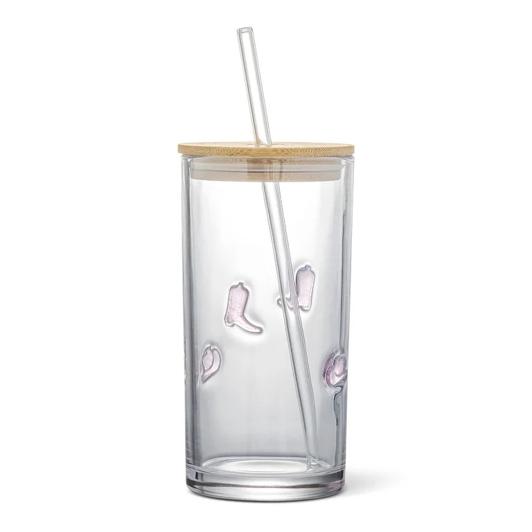 Thyme & Table 16 fl oz Pink Cowboy Charms Sipper with Glass Straw and Wood Lid | Walmart (US)