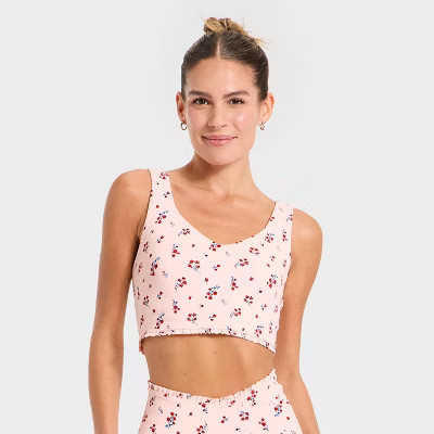 Women's Everyday Soft Light Support Ruffle Longline Bra - All in Motion™ Pink Floral Print  S | Target