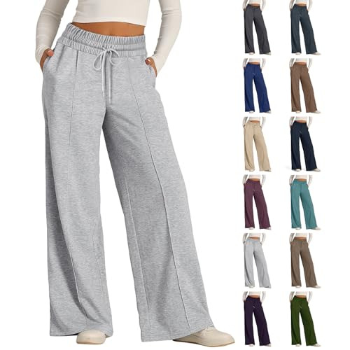 chaktkglok Wide Leg Sweatpants for Women Elastic High Waisted Baggy Sweat Pants Sweatpants for Women Gray Sweatpants Women Comfy Oversized Loose Joggers with Pockets Straight Leg Sweatpants Grey | Amazon (US)
