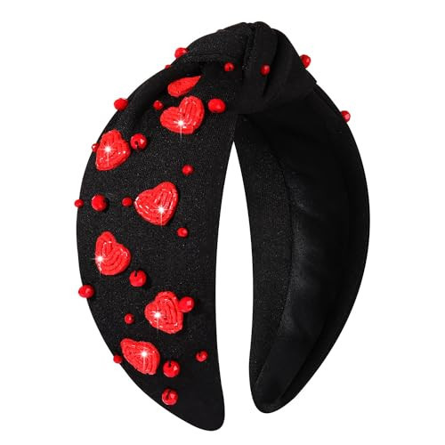Boderier Valentines Day Headband With Red Heart, Jeweled Crystal Knotted Design - Party Hair Accessory, Gifts for Her (Black-Red Heart) | Amazon (US)