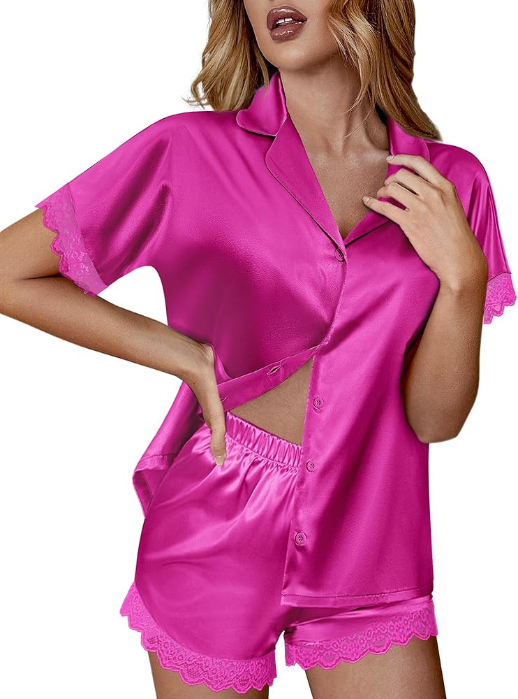 Ekouaer Womens Lace Satin Pajama Set Button Down Pj Shorts Set Bridesmaids Getting Ready Outfits ... | Amazon (US)