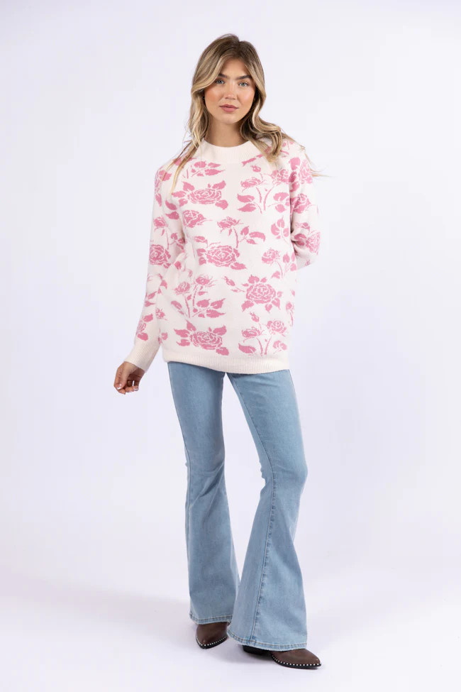 Feeling Like Love Ivory and Pink Floral Crew Neck Sweater DOORBUSTER | Pink Lily