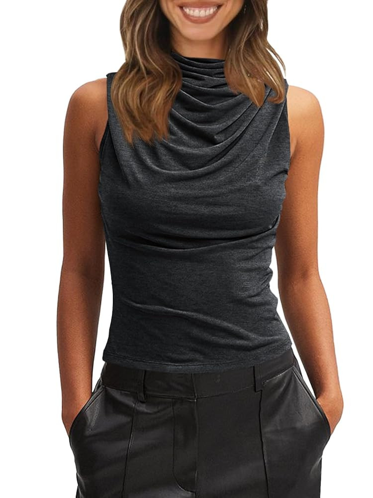 Tankaneo Womens Sleeveless Tank Tops Slim Fitted Mock Neck Draped Stretchy Summer Casual Ruched T... | Amazon (US)
