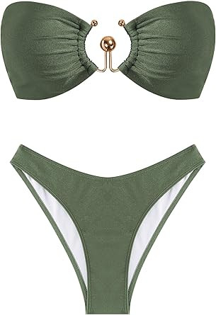 ZAFUL Womens Bandeau Bikini Set Metallic Sparkly O Ring Lace Up Tie Side High Cut Tanga Sexy Bath... | Amazon (US)